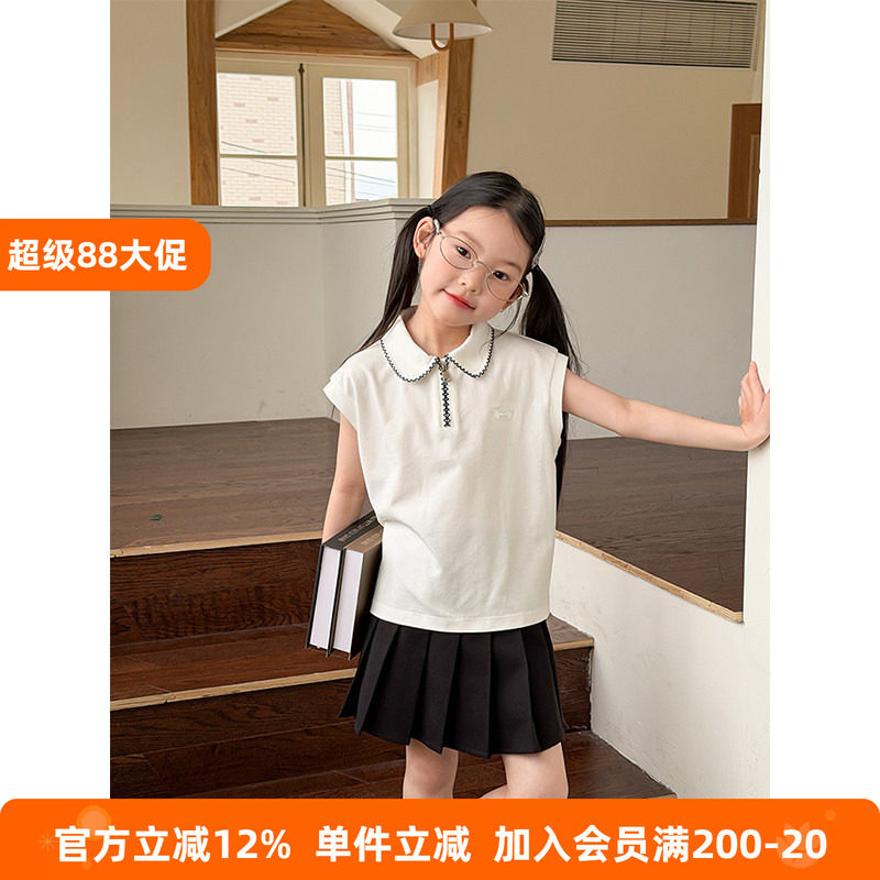 BEIFU贝芙 女童春夏装学院风撞色翻领短袖T恤儿童韩版刺绣POLO衫