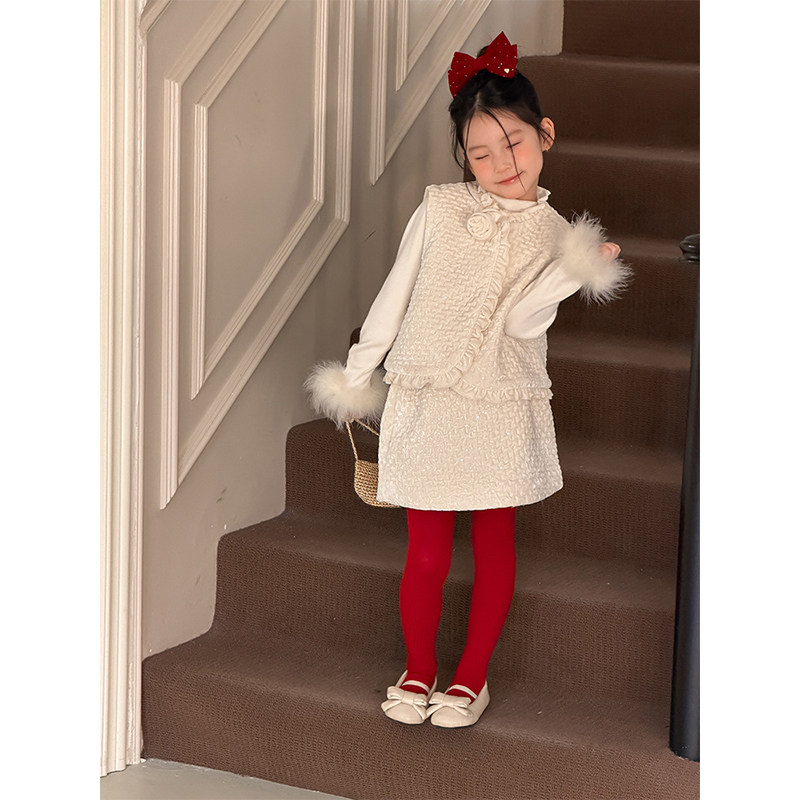 BEIFU贝芙 女童冬季小香风背心半身裙套装儿童韩版加厚拜年服外套