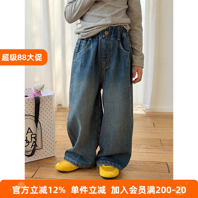 BEIFU贝芙儿童冬季加厚保暖奥粒绒裤子男女童复古做旧破洞牛仔裤