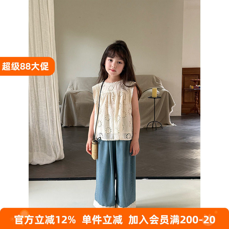 BEIFU贝芙 女童夏装度假风镂空背心儿童韩版纯棉百搭蕾丝无袖上衣