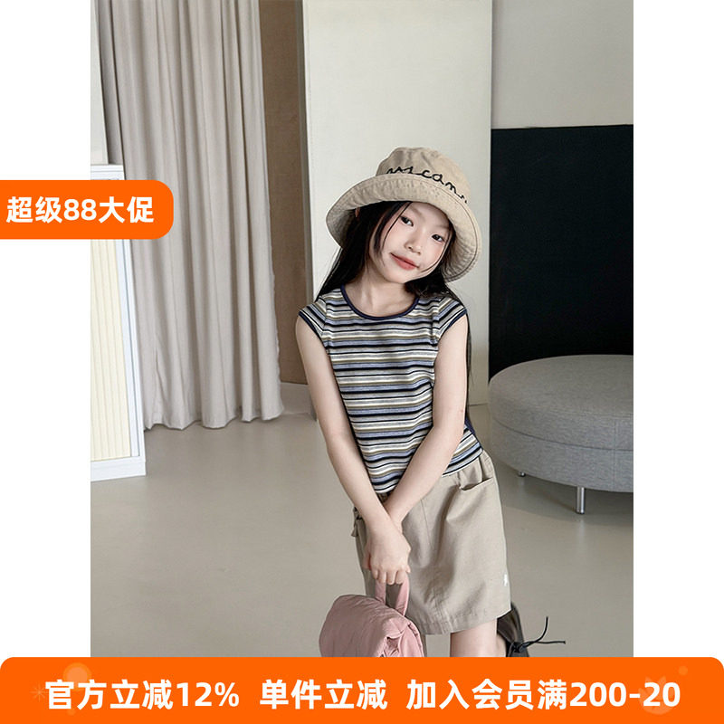 BEIFU贝芙 女童夏季设计感撞色条纹T恤儿童短款弹力修身短袖上衣