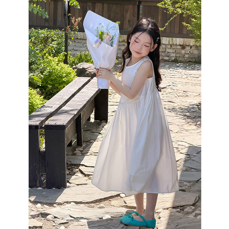 BEIFU贝芙 女童夏季韩系温柔全棉背心裙儿童休闲百搭纯色连衣裙子