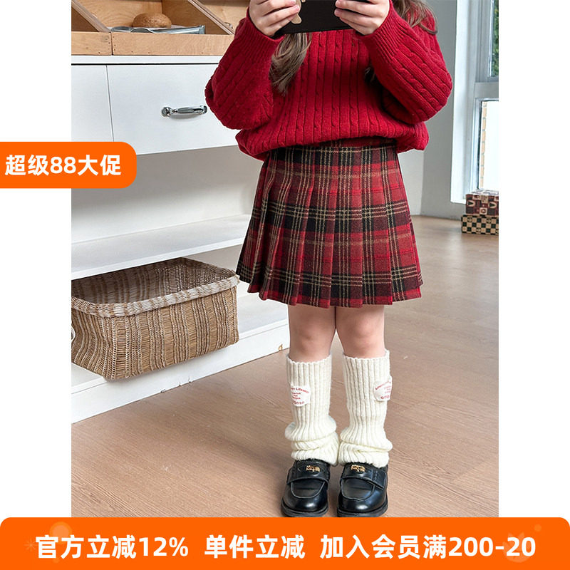 BEIFU贝芙 女童新年红格子毛呢百褶裙儿童韩版加厚保暖短裙半身裙