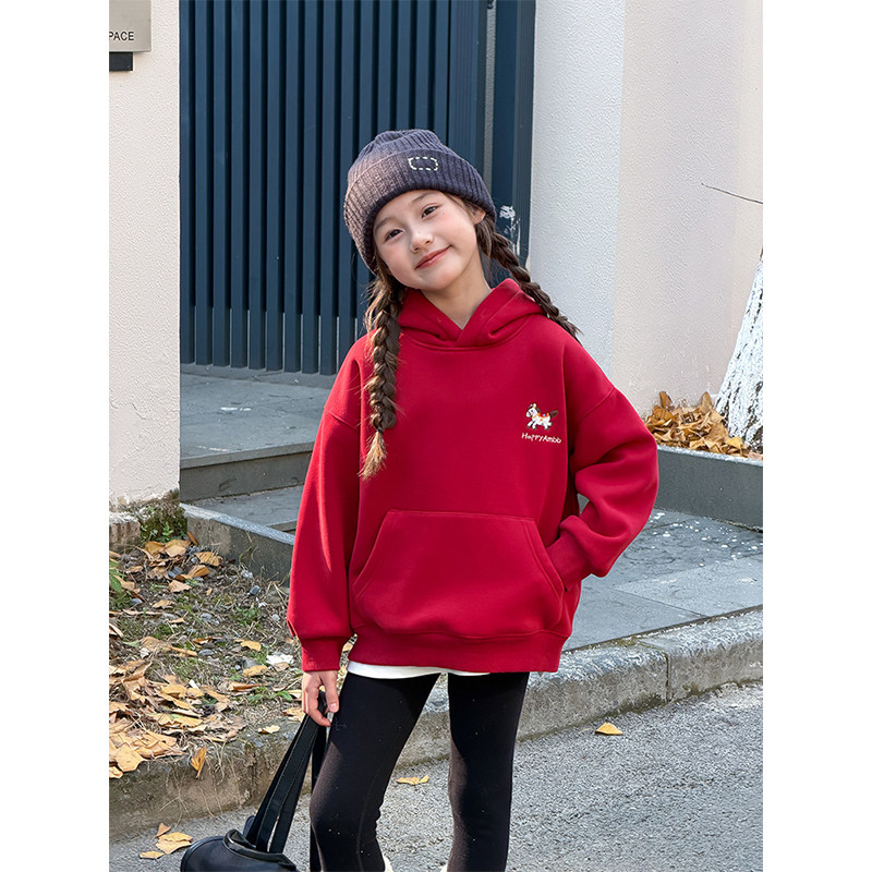 BEIFU贝芙 儿童冬季加厚加绒刺绣小马卫衣女童百搭卡通连帽上衣潮