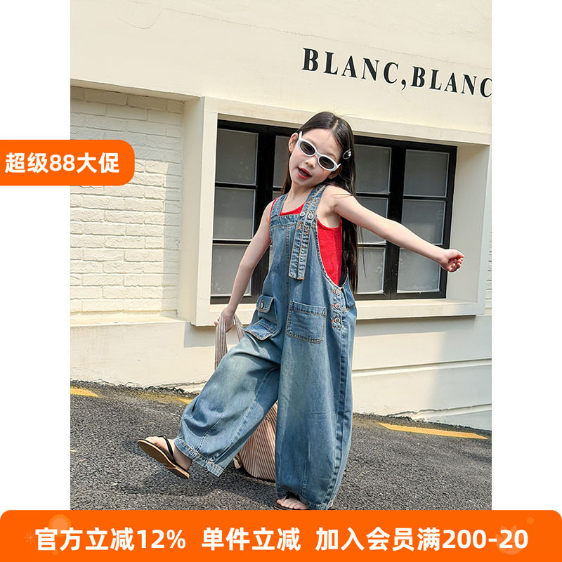 BEIFU贝芙 女童春夏装个性时髦口袋牛仔背带裤儿童宽松阔腿直筒裤图片