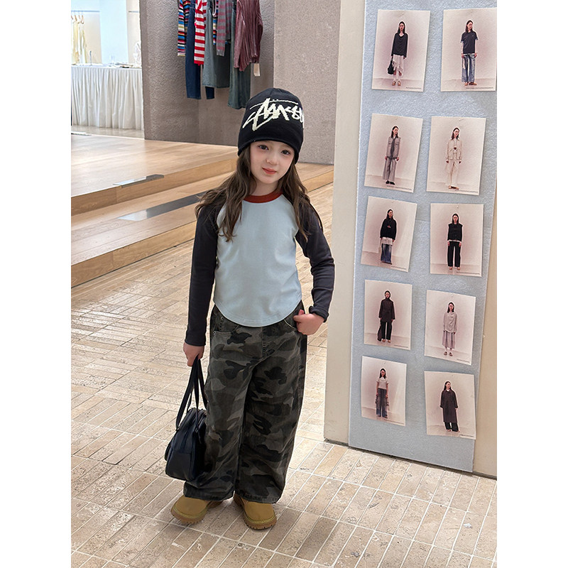 BEIFU贝芙 女童春秋百搭拼色弹力辣妹长袖T恤儿童韩版短款打底衫