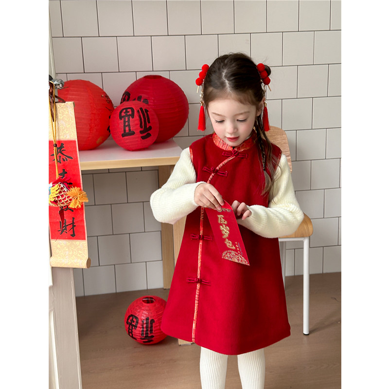 BEIFU贝芙童装 女童新中式风盘扣加厚旗袍裙儿童中国风马甲拜年服