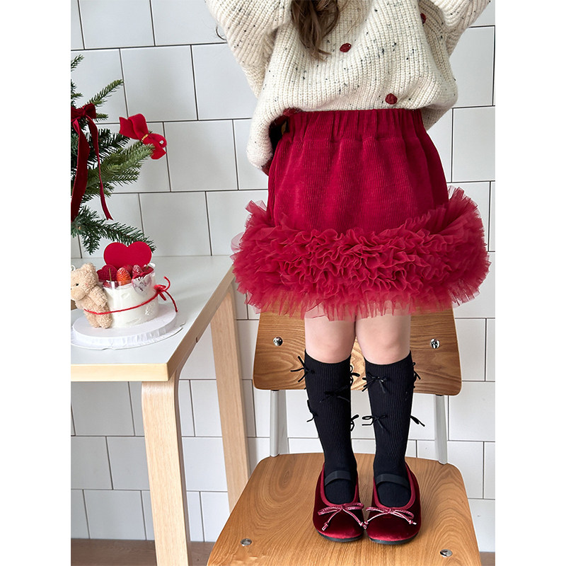 BEIFU贝芙 女童冬季加厚一体绒蓬蓬纱半身裙儿童新年款洋气短裙潮