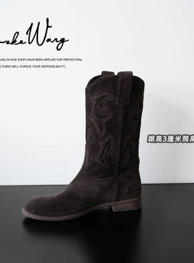 KOKO WANG秋冬新款绒面皮复古高级时尚百搭骑士靴X2355G23X01