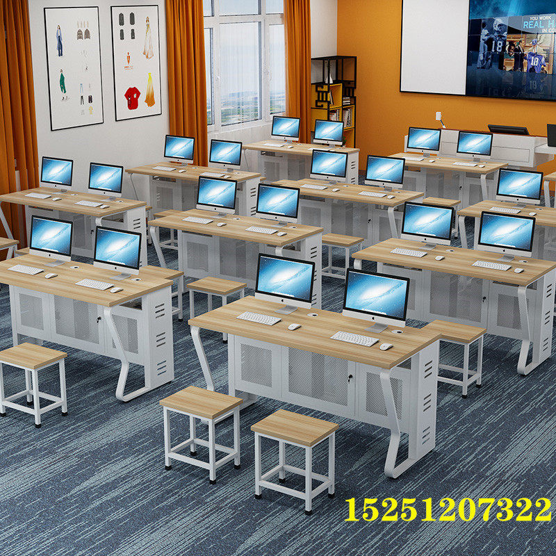微机室机房电脑桌台式桌凳子辅导班双人位学校培训带锁简约桌