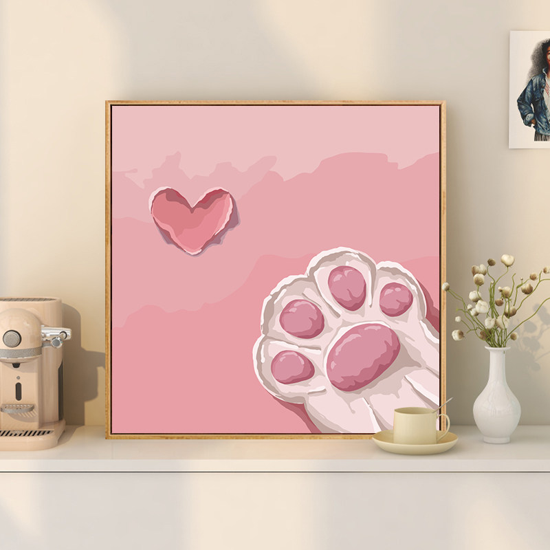 粉色猫爪 diy数字油画浪漫填充涂鸦手绘丙烯治愈油彩画手工装饰画