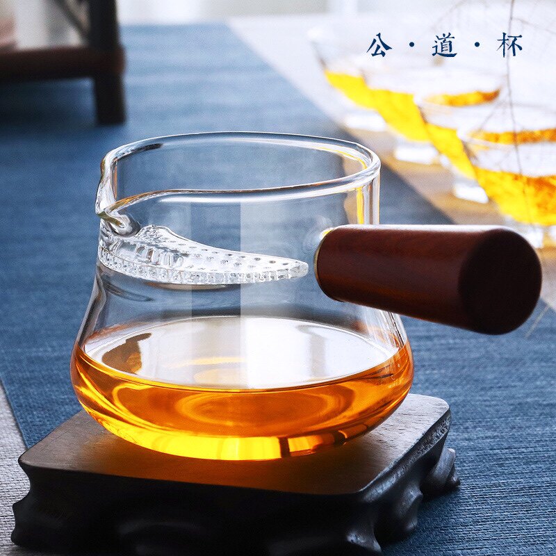 木把公道杯月牙过滤网玻璃侧把茶漏一体分茶器可煮茶实木公杯耐热