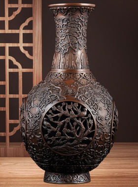 紫铜梅花竹菊镂空花瓶摆件高档中式铜花瓶插花家居客厅酒柜装饰品