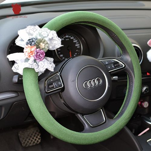 复古方向盘套夏季手工花朵亚麻冰丝透气蕾丝方向盘套把套