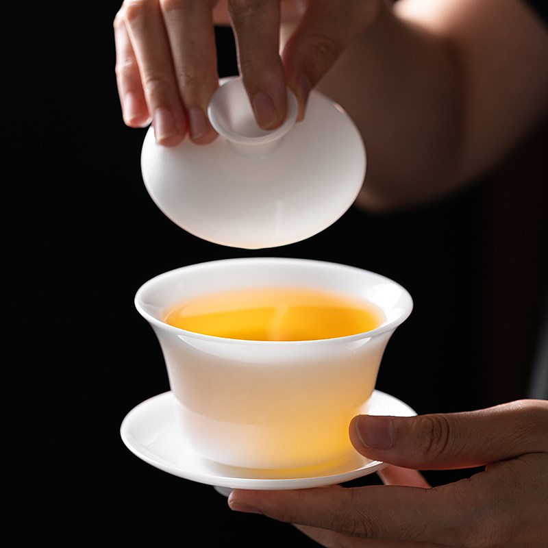 问谦堂 高端冰种玉瓷盖碗单个功夫茶具泡茶三才茶碗带盖羊脂白瓷