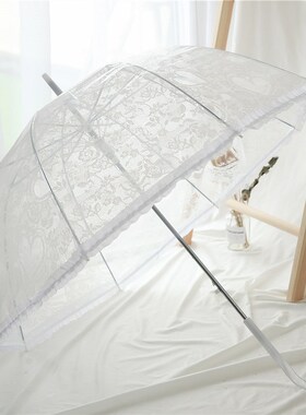 沛欣雨伞夏季爱心小清新白色蕾丝黑色弯柄半自动长柄伞拱形透明伞