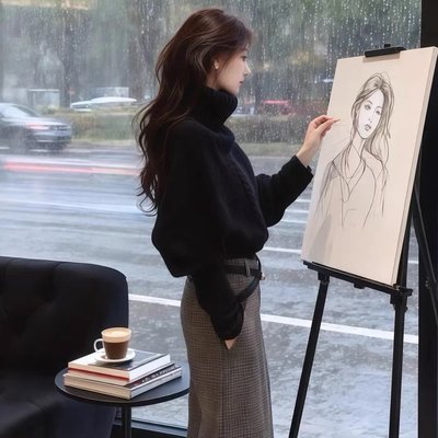 秋冬韩版慵懒风宽松高领长袖黑色毛衣复古格纹显瘦休闲长裤套装女