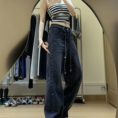 2026春季新款黑色小众烫钻阔腿MM大码牛仔裤满天星设计显瘦拖地裤