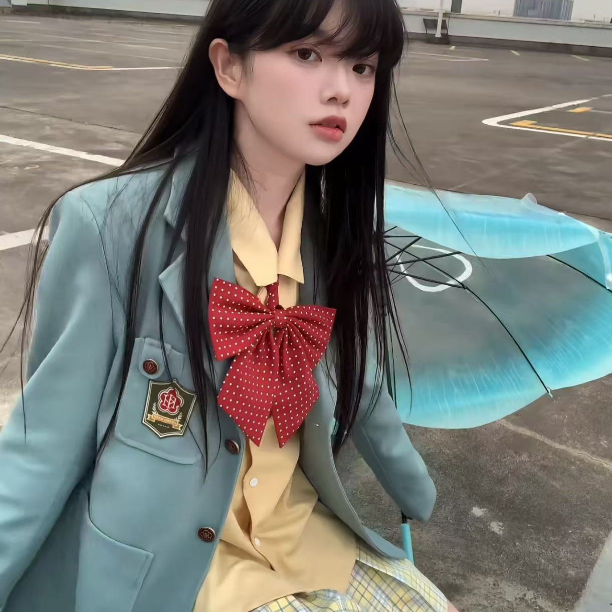 梗豆物语水玉西服绀色薄荷青绿西装外套衬衣套装学院风女