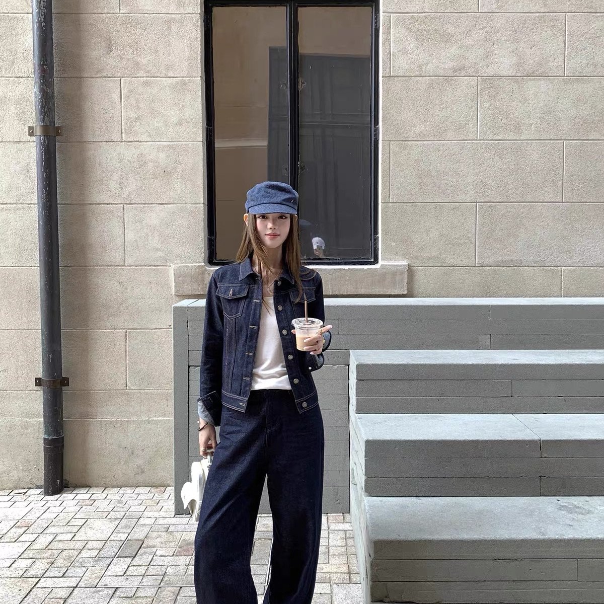 YOYOZIZHI 阿姆斯特丹美式复古牛仔套装裤女宽松原色牛仔短外套