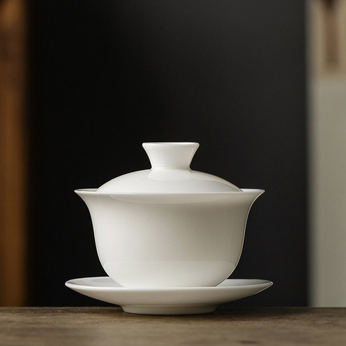 小盖碗羊脂玉白瓷陶瓷小号冲茶试茶工功夫儿童小孩单人茶具80cc