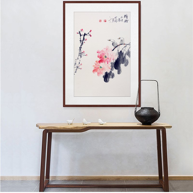 纯手客紫藤荷花国画画鸟水墨花玄关装饰牡丹挂画绘厅沙发三联壁画