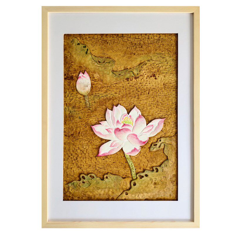 荷花莲花实木景刻手工木墙版画立体浮雕彩绘客厅背雕刻装饰壁挂画