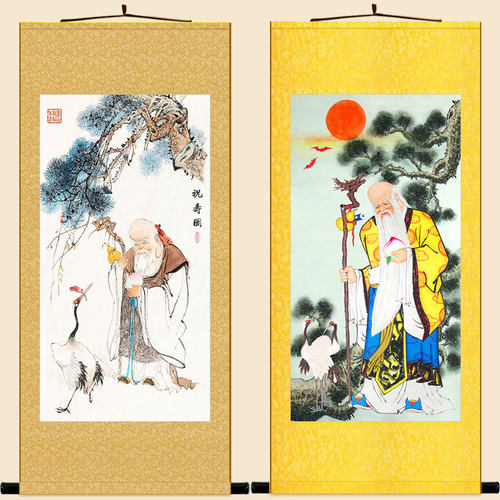 寿仙图 寿星神像画 松鹤延年画像 贺寿祝寿丝绸画卷轴挂画装饰画