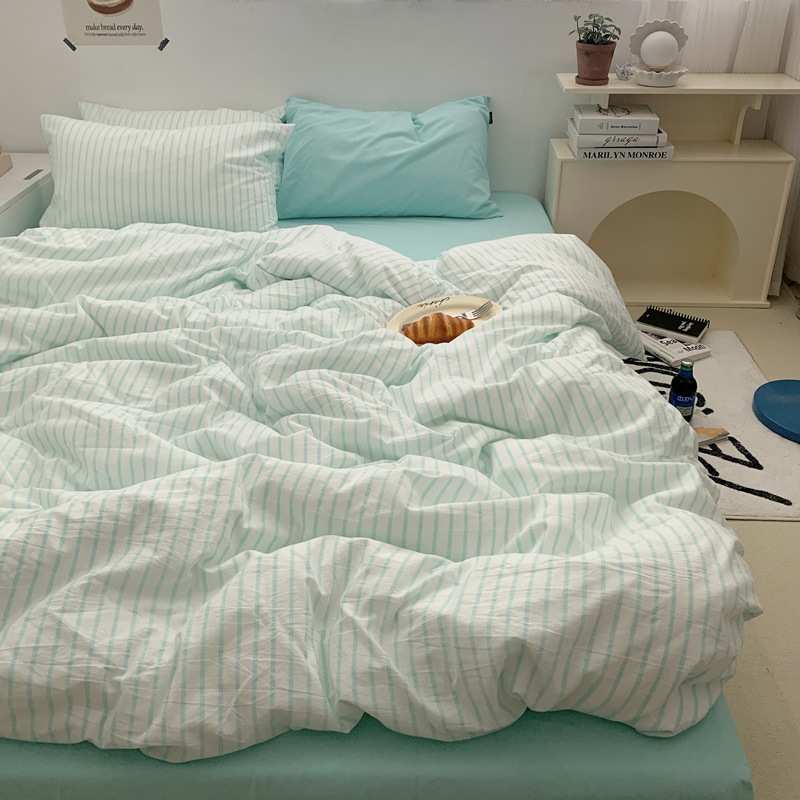 蓝色条纹床上用品四件套被套床单床笠被罩床上床品家纺4件套
