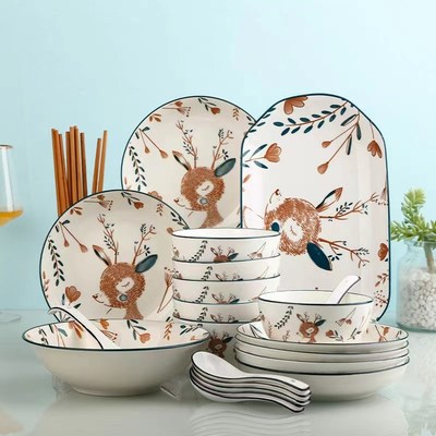 家用新款2-10人碗盘套装可爱陶瓷菜盘子饭碗面碗汤碗鱼盘组合餐具