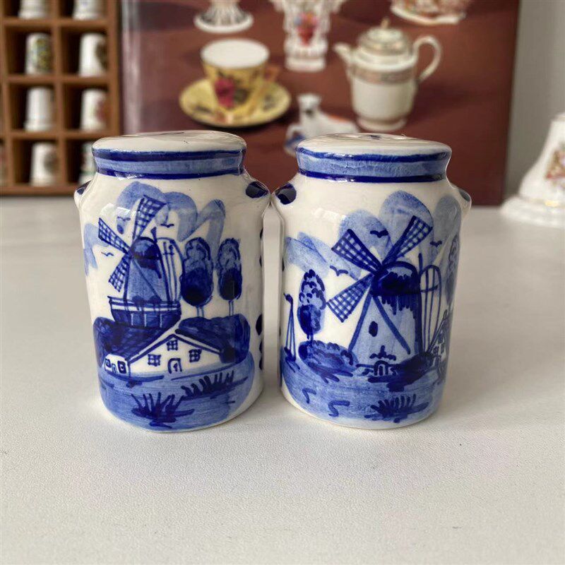 Delft 代尔夫特 荷兰风车磨坊青花花卉手绘盐胡椒罐 中古收藏瓷罐