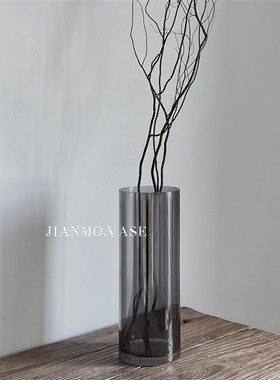 龙柳花瓶玻璃透明高款插花长枝干枝干支灰色烟灰色插树枝直筒落地