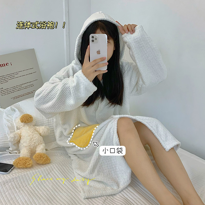 长袖浴袍浴巾式女冬可穿可裹家用吸水不掉毛宿舍洗澡带帽斗篷裹巾
