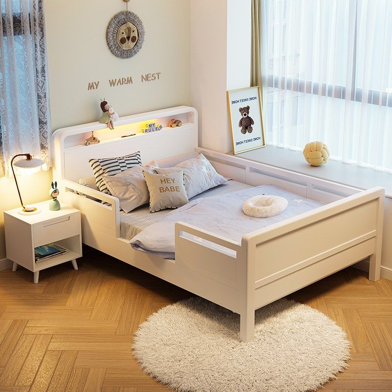 儿童实木床带护栏防摔男女孩床单人1米2床次卧1.5m白色围栏拼接床