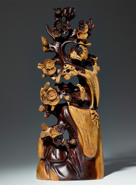 实木雕刻喜上眉梢摆件木头根雕原木家居客厅电视柜装饰礼品工艺品