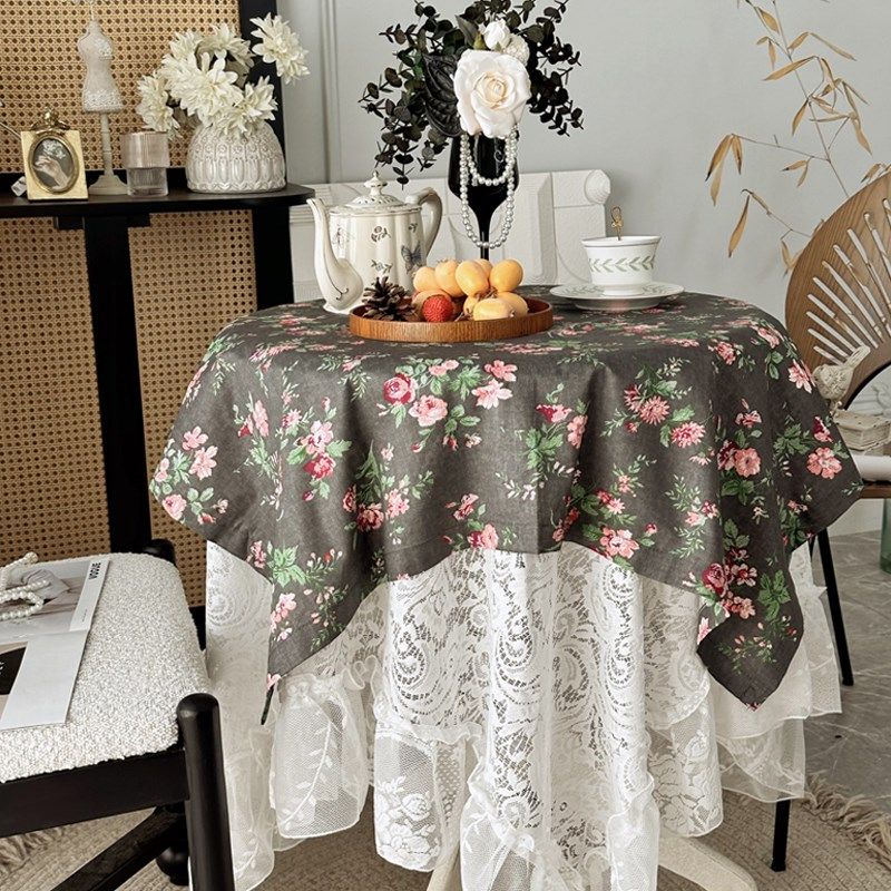 法式复古浪漫印花蕾丝风双层装饰餐桌布氛围感茶几盖巾布防尘台布,居家布艺,桌布,淘宝优惠券,粉丝福利购,淘宝优惠卷