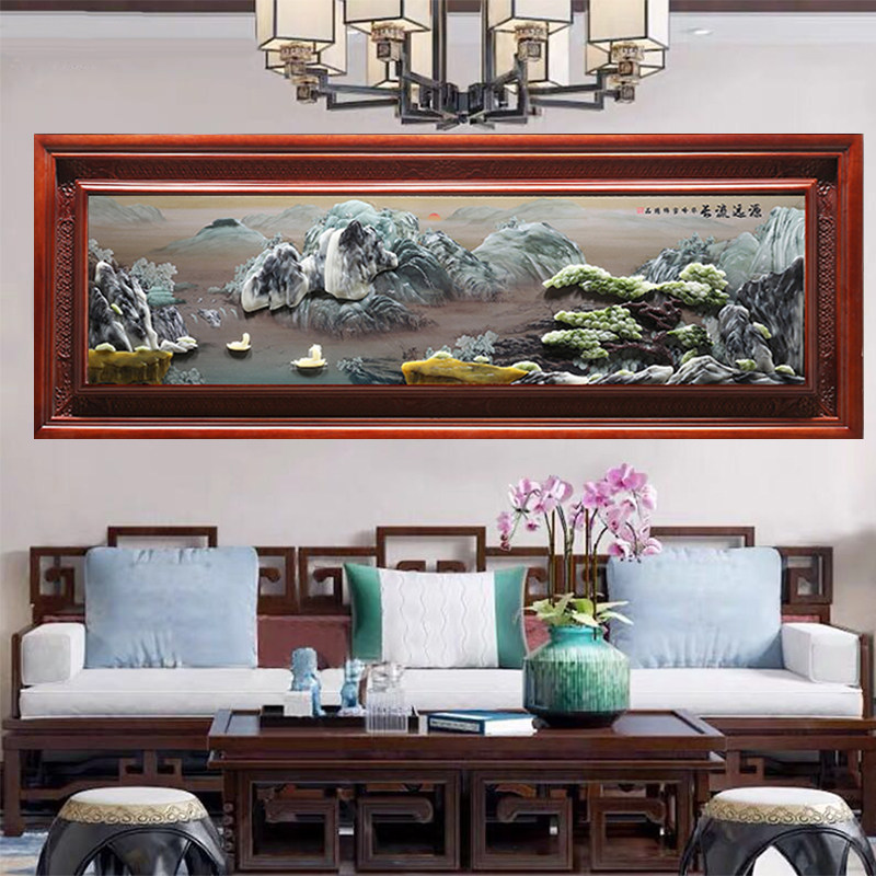 中式挂画玉雕画玻璃面客厅装饰画3d立体山水壁画实木沙发背景墙画