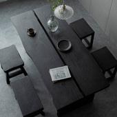 侘寂风炭化黑色实木餐桌家用大板泡茶桌原木商用白蜡木桌子工作台