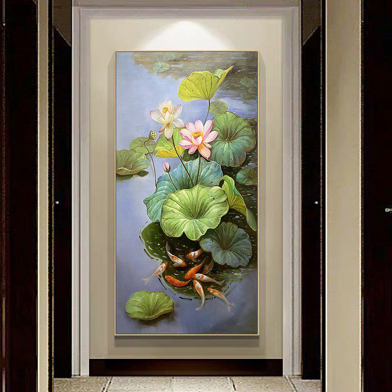 手绘荷花九鱼图油画现代中式走廊玄关装饰画过道挂画竖版客厅壁画