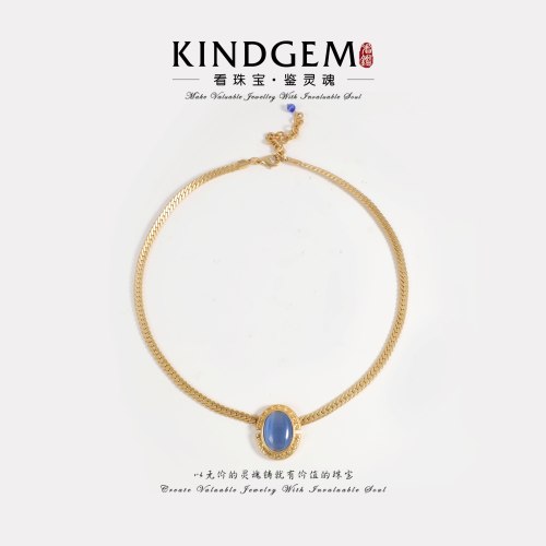 KindGem 中古款复古蛇骨链蓝猫眼椭圆吊坠项链（44+6cm）C-53782
