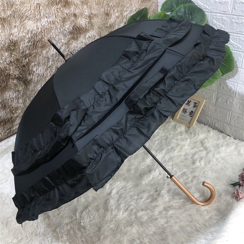 新款日系双层大花边黑色公主伞木柄竹柄黑胶半自动遮阳伞晴雨两用