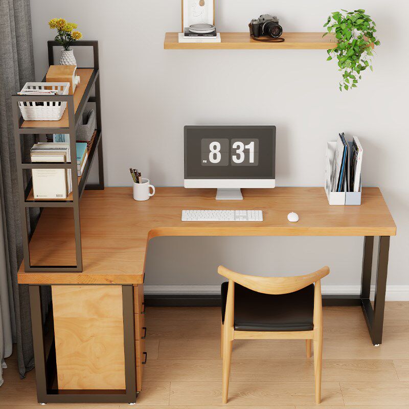 带书架转角l型书桌实木电脑桌弧形转角桌简约家用异形拐角桌子