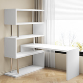 转角书桌书架一体办公桌学生家用学习桌奶油风洞洞板台式 电脑桌