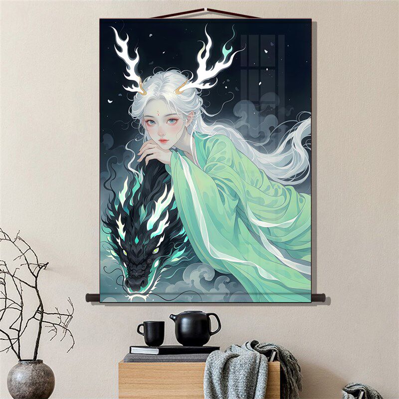 龙女画像挂画农村堂屋老房子玄关沙发背景墙装饰画供奉丝绸卷轴画