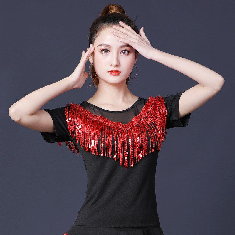 广场舞服装新款夏亮片流苏短袖上衣演出服水兵舞跳舞衣团体演出服