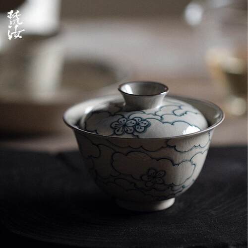 梵汝景德镇纯手绘祥云桃花圆逸二才盖碗不烫手陶瓷茶具茶艺泡茶碗