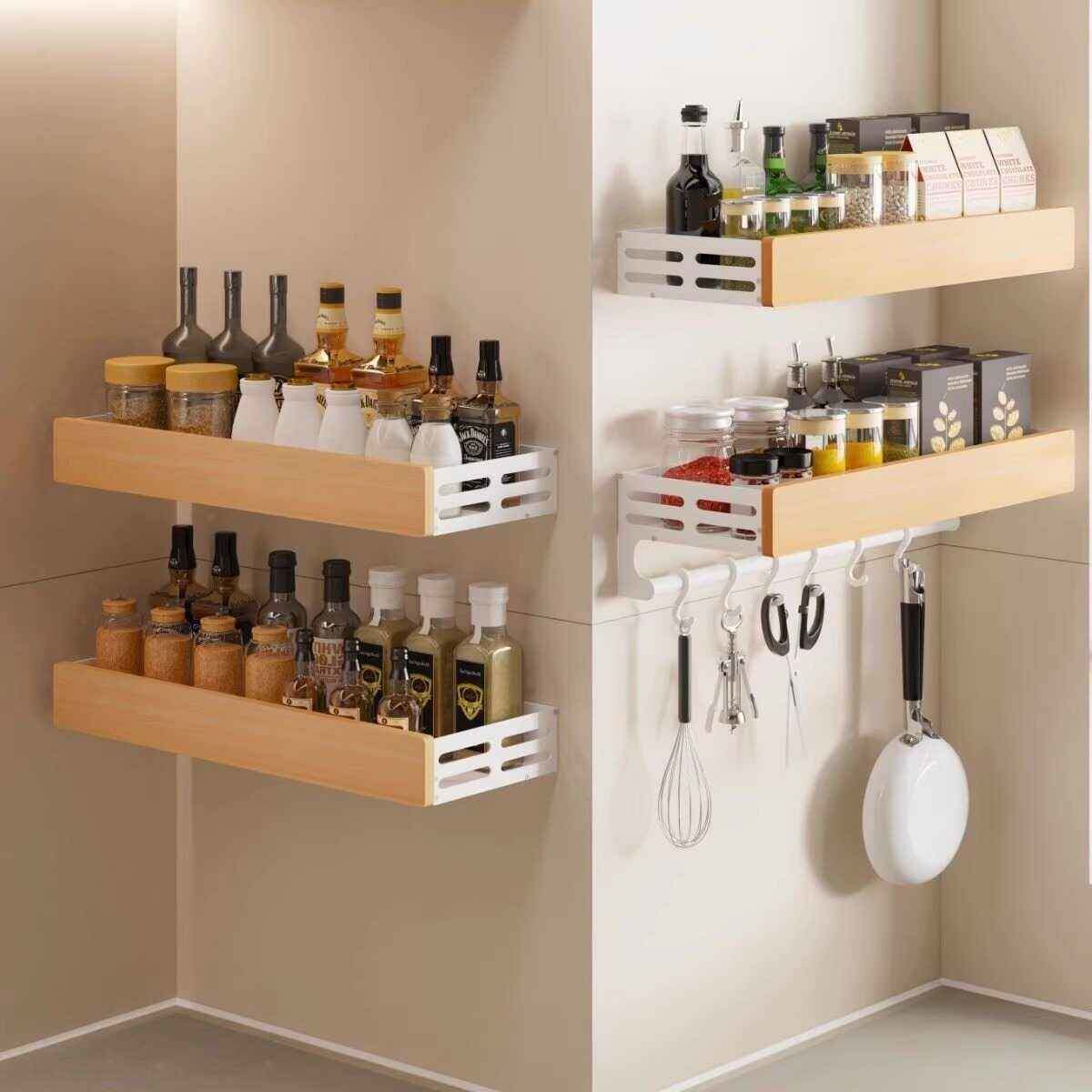 实木厨房置物架免打孔榉木调味料品油盐罐收纳层架刀架挂架挂钩白