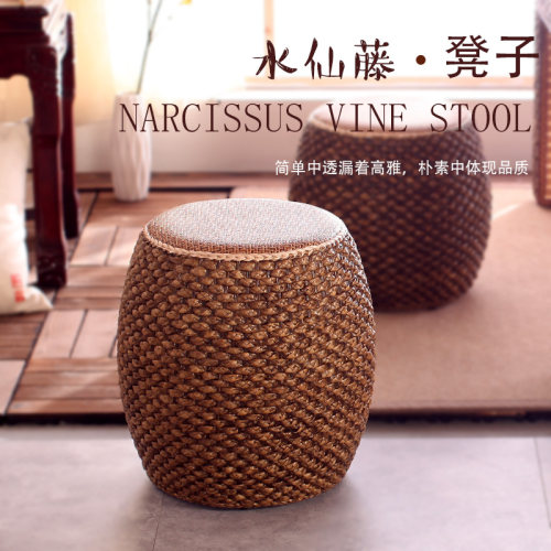 藤编圆凳实木换鞋鼓凳客厅复古茶几凳沙发板凳坐墩小凳子矮凳家用