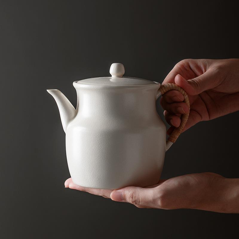陶瓷侧把壶竹编手把开片釉手工粗陶可加热电陶炉煮茶器泡茶壶