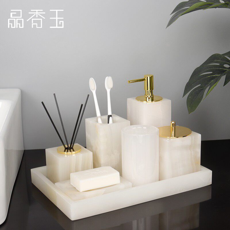高档托盘大理石卫浴五件套刷牙杯架套装洗手台浴室用品样板间摆件